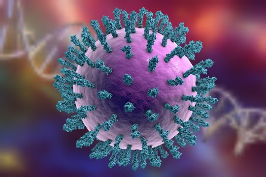 Influenza virus on a background with DNA. Virus which causes swine flu, avian flu, flu and common cold