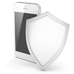 Smartphone and shield on white, security concept