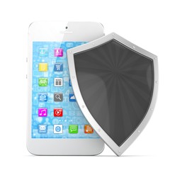 Smartphone and shield on white, security concept