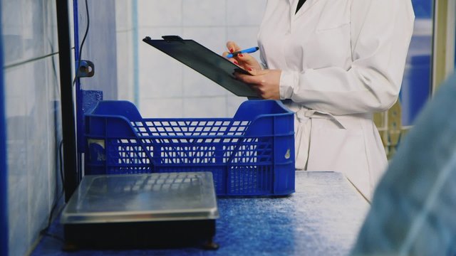 Work in the fish stock: fish weighing and recording the results