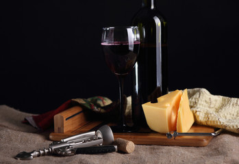 Still life with cheese and wine..