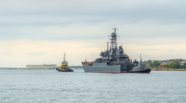 The Project 775 Ropucha Large Landing Ship of Russian Navy in Sevastopol Bay, Crimea