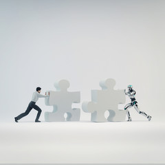Robot and businessman man pushed part of the puzzle. The concept teamwork human and artificial intelligence - 97732455