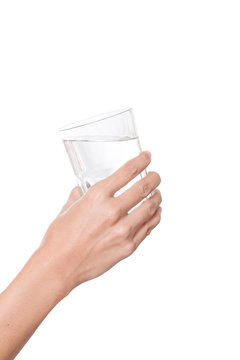 Woman hand with glass of water isolated on white background
