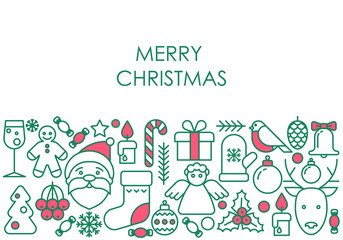Stylized flat liner Christmas elements background. Merry Christmas or New Year postcard