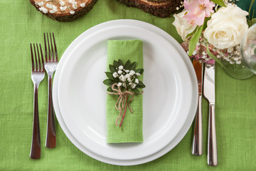 Wedding place setting in beautiful rustic style.Top view.