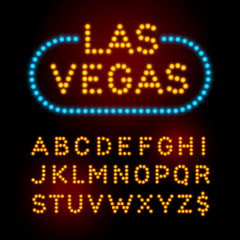 Light bulb font. Vector alphabet with casino effect letters.