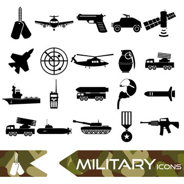military theme simple black icons set eps10