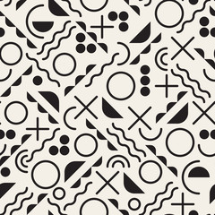 Vector Seamless Black And White Jumble Geometric Doodle Rounded Lines and Sapes Pattern