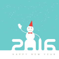 Happy new year 2016. Greeting card with happy snowman in hat. Un