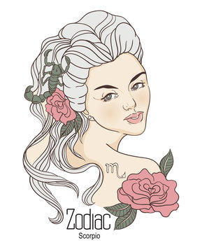 Zodiac. Vector illustration of Scorpio as girl with flowers. 
