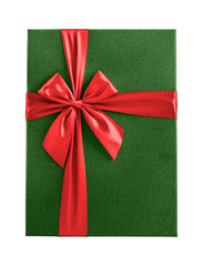 Green Christmas present with red ribbon isolated on white background