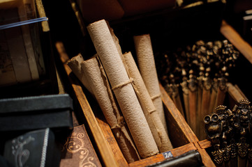 Letter paper and vintage writing tools. Feather pen, inkwell