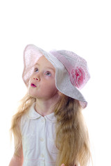 Young blonde girl with white hat