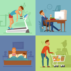 Tired businessman sleeping on office table, sport gym, family bad, market