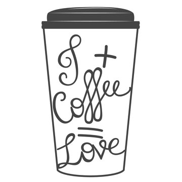 Vector illustration of coffee cup silhouette. "I +coffe = Love"  lettering poster or postcard. coffee collection