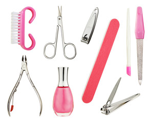 Various manicure tools isolated on pure white background
