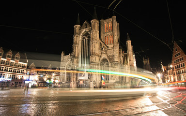 Moving tram on night city Gent