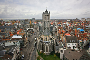 Gothic cathedral on Gent from rooftop