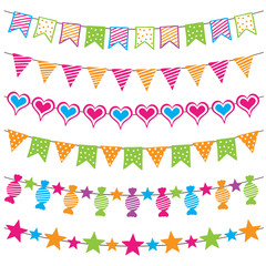 Colorful bunting flags and garlands, hand drawn vector.