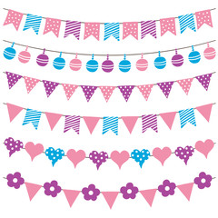 Colorful bunting flags and garlands, hand drawn vector.