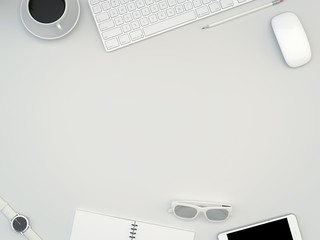 White office desk table with computer, smartphone, supplies and coffee cup. Top view with copy space - 97746252