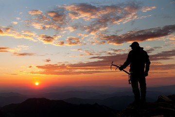 view of man on mountains with ice axe in hand