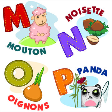 French alphabet with letters a M N O P in the picture, and the sheep, hazelnuts, onions, panda.