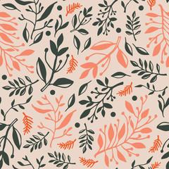 Botanical seamless background with hand drawn leaves silhouettes
