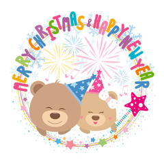 Couple teddy bear with merry christmas and happy new year