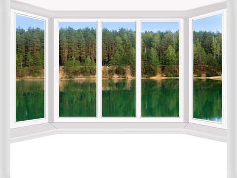modern window to the summer forest lake