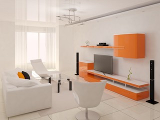 Rendering of a modern living room.