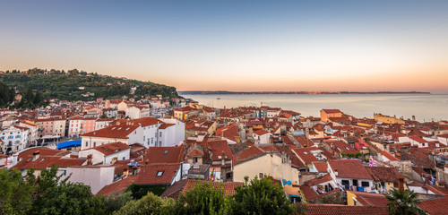 Red Roofs of the Town Piran, Slovenia. View from Above at Sunrise.