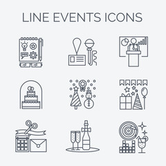 Thin line icons of events and special occasions organization.