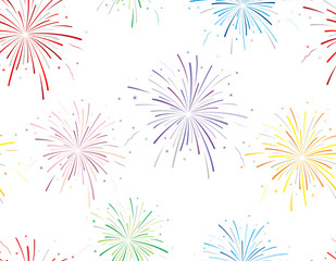 Vector illustration of fireworks on white background. Seamless pattern.