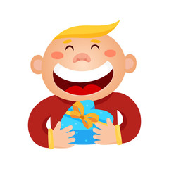 Obraz premium Vector illustration of a boy holding a gift in a wrapped heart-b