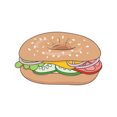 Fresh bagel sandwich with cheese, tomatoes, cucumbers and onions. Delicious breakfast. Vector illustration.