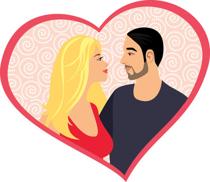 illustration of a couple in love in a heart shape box. template for a card