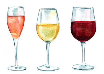 Set of watercolor wine glasses (rose, white, red), isolated