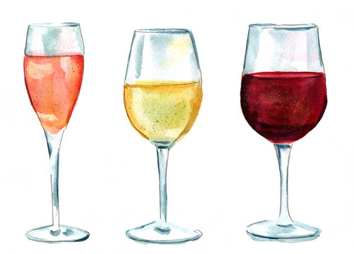 Fototapeta Set of watercolor wine glasses (rose, white, red), isolated