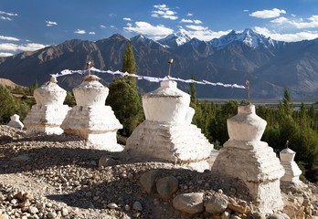 View of buddhist stupas in Nubra valley, Ladakh