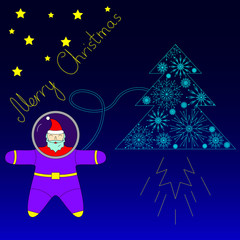Fototapeta premium Santa is flying in space near his rocket tree. Santa astronaut flying to the stars in a spaceship in the form of a Christmas tree. Colored.