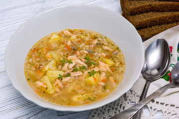 Fish salmon soup with broccoly