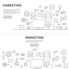Fototapeta na wymiar Doodle marketing mobile, email marketing, video marketing and digital marketing, strategy and digital marketing. Flat design vector illustration.