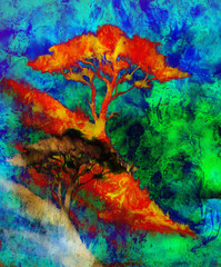 Fototapeta na wymiar Painting sunset, sea and tree, wallpaper landscape, color collage. and abstract grunge background with spots.