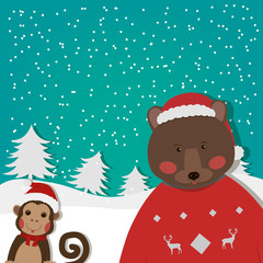 Chinese Zodiac - Monkey and funny Bear. New Year and Christmas greeting card. Winter background. Vector illustration.