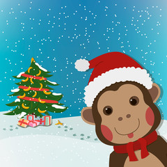 funny monkey, new year and  christmas greeting card, background, cartoon character illustration
