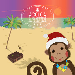 funny Monkey on tropical island. New Year and Christmas greeting card. Chinese Zodiac 2016. Cute Animal. Cartoon Character. Vector.