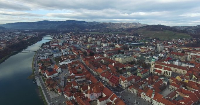 Aerials view of Maribor city in the overcast day