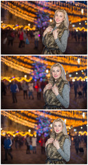 Fototapeta na wymiar Portrait of young beautiful woman with long fair hair outdoor in cold winter evening. Beautiful blonde girl in winter clothes with xmas lights in background. Beautiful woman smiling in winter scenery